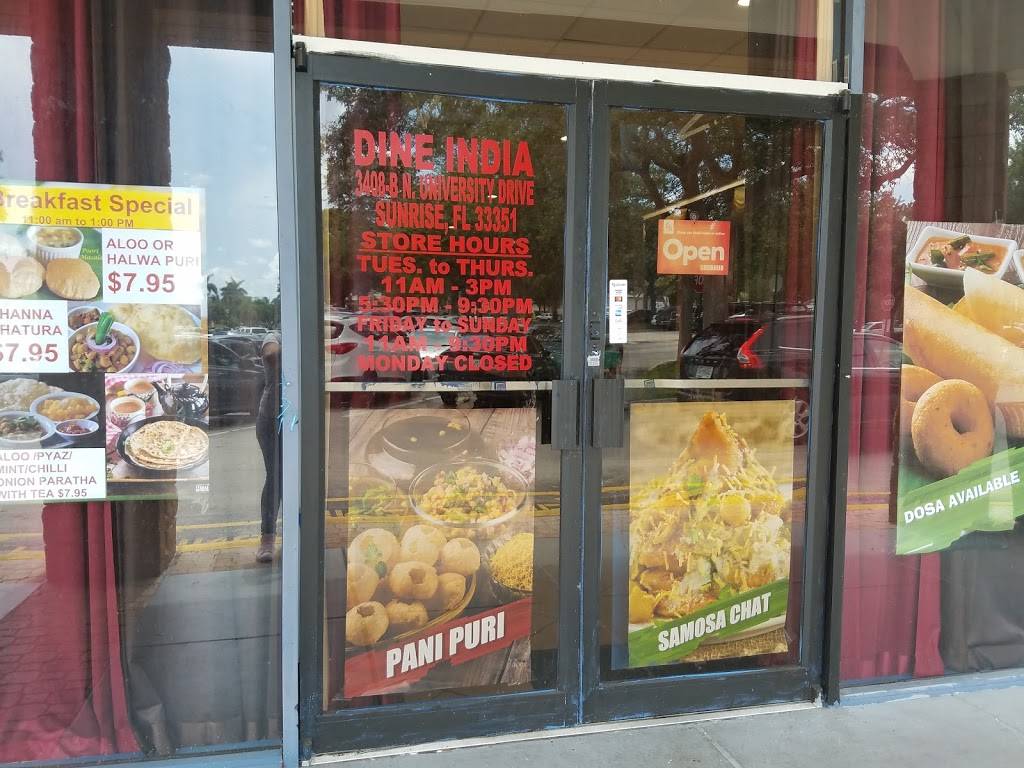 Dine india | restaurant | 3408 b N University Dr, Sunrise, FL 33351, USA | 9544879095 OR +1 954-487-9095
