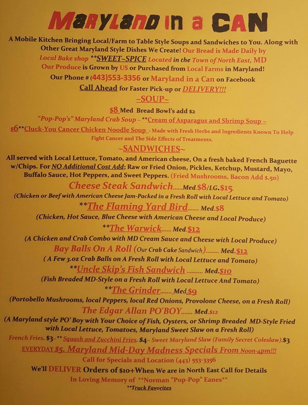 Maryland in a CAN Mobile Kitchen | restaurant | 1223 Turkey Point Rd, North East, MD 21901, USA | 4435533356 OR +1 443-553-3356