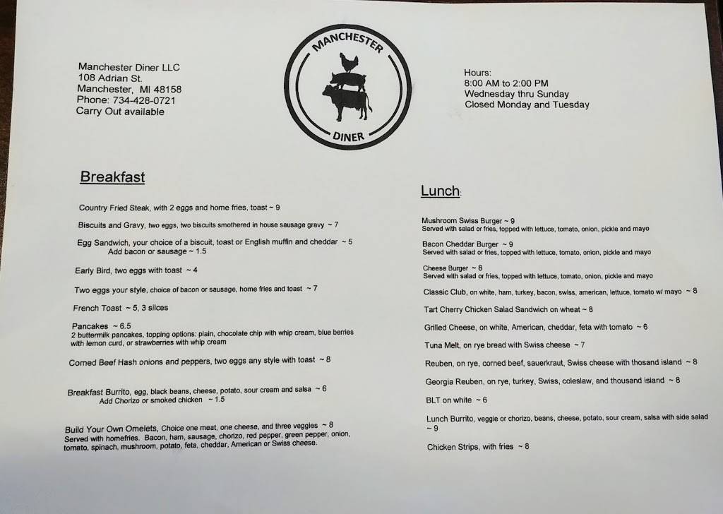 Manchester Diner | restaurant | 112 Adrian St, Manchester, MI 48158, USA | 7344280721 OR +1 734-428-0721