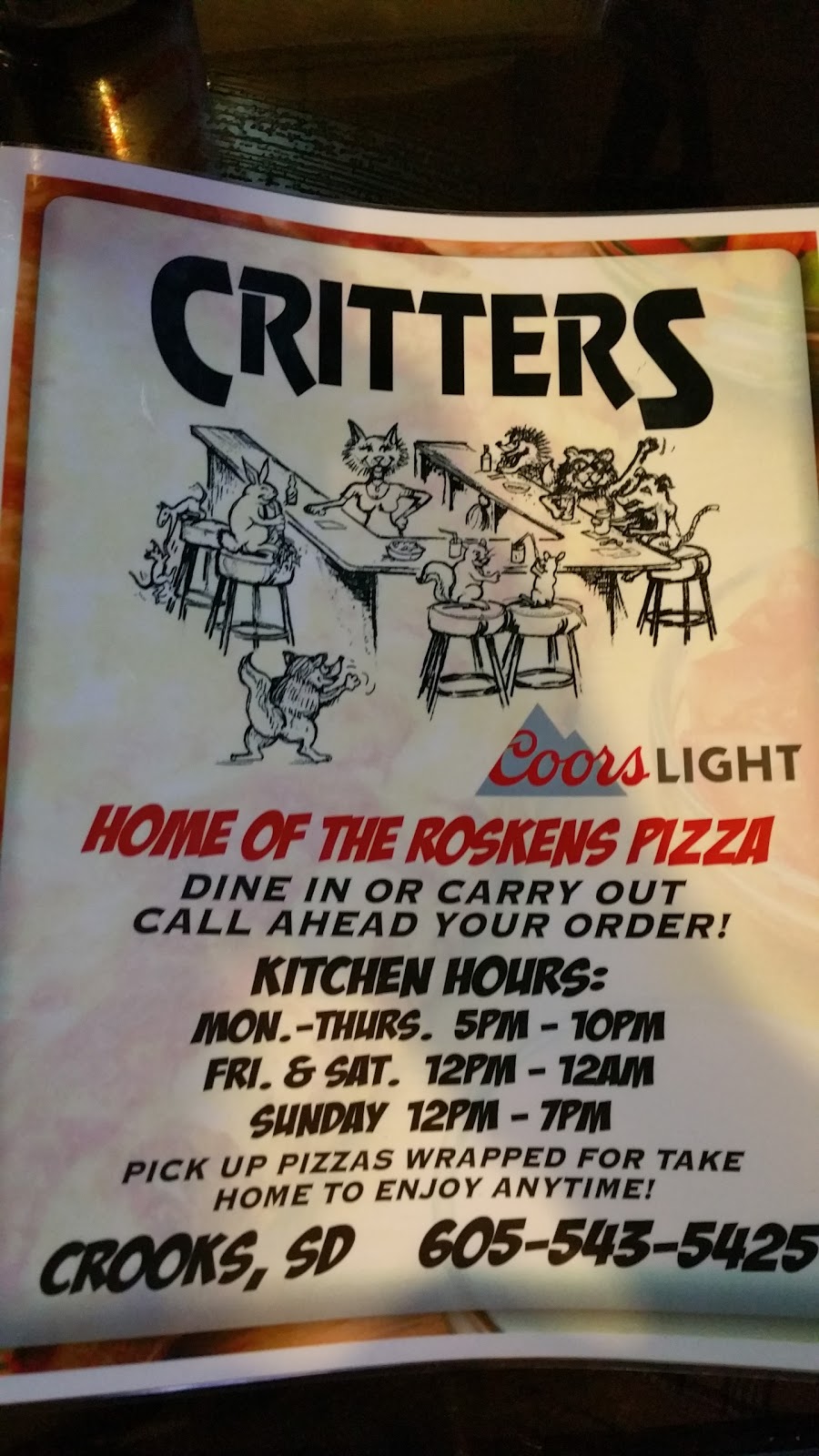 Critters & Roskens Dakota Pizzas | restaurant | 200 E Main St, Crooks, SD 57020, USA | 6055435425 OR +1 605-543-5425