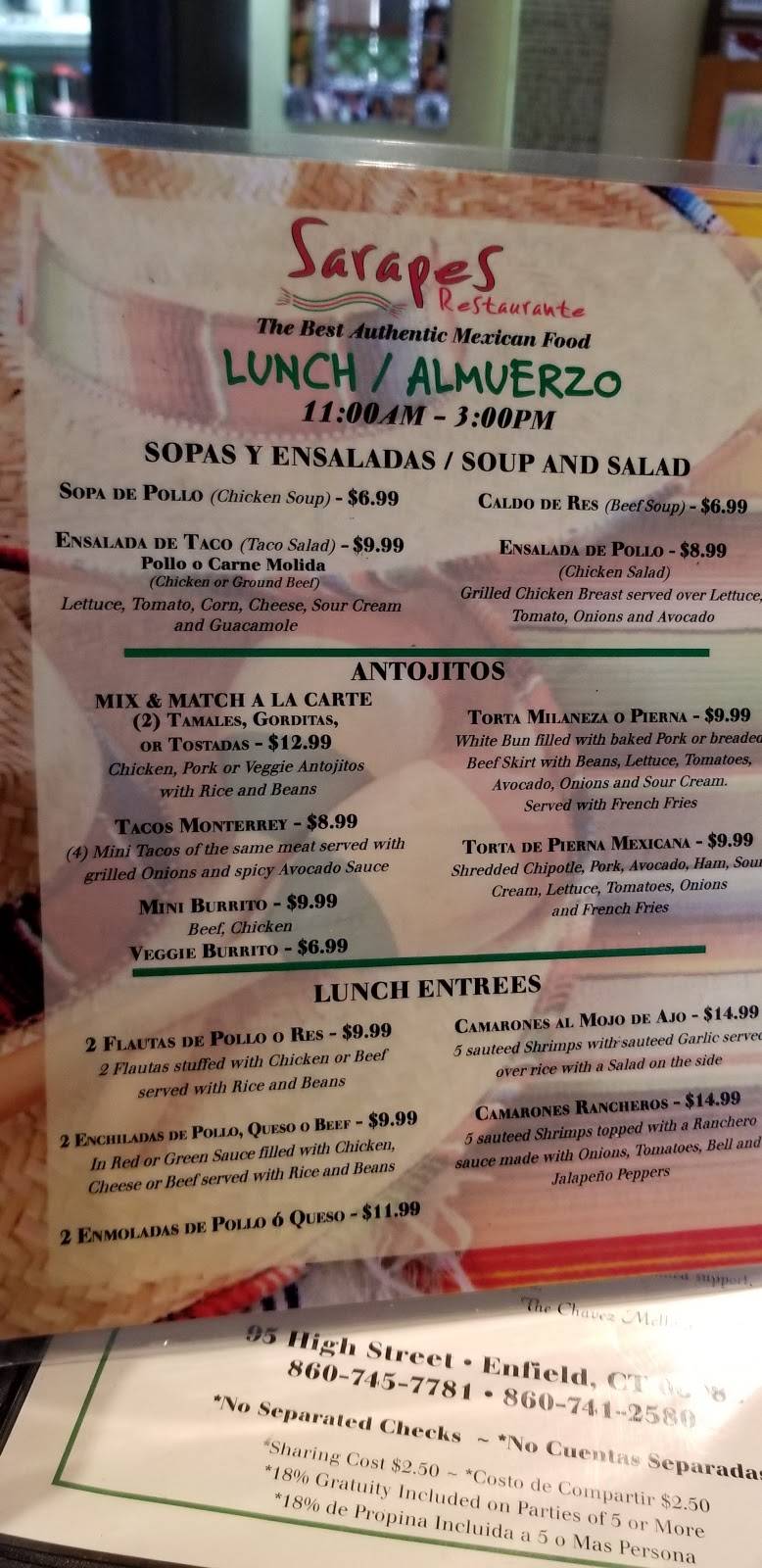 Sarapes Restaurant | restaurant | 95 High St, Enfield, CT 06082, USA | 8607457781 OR +1 860-745-7781