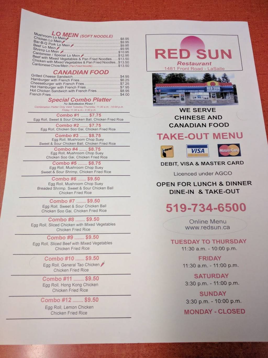 Red Sun Restaurant | restaurant | 1481 Front Rd, Windsor, ON N9J 2B2, Canada | 5197346500 OR +1 519-734-6500