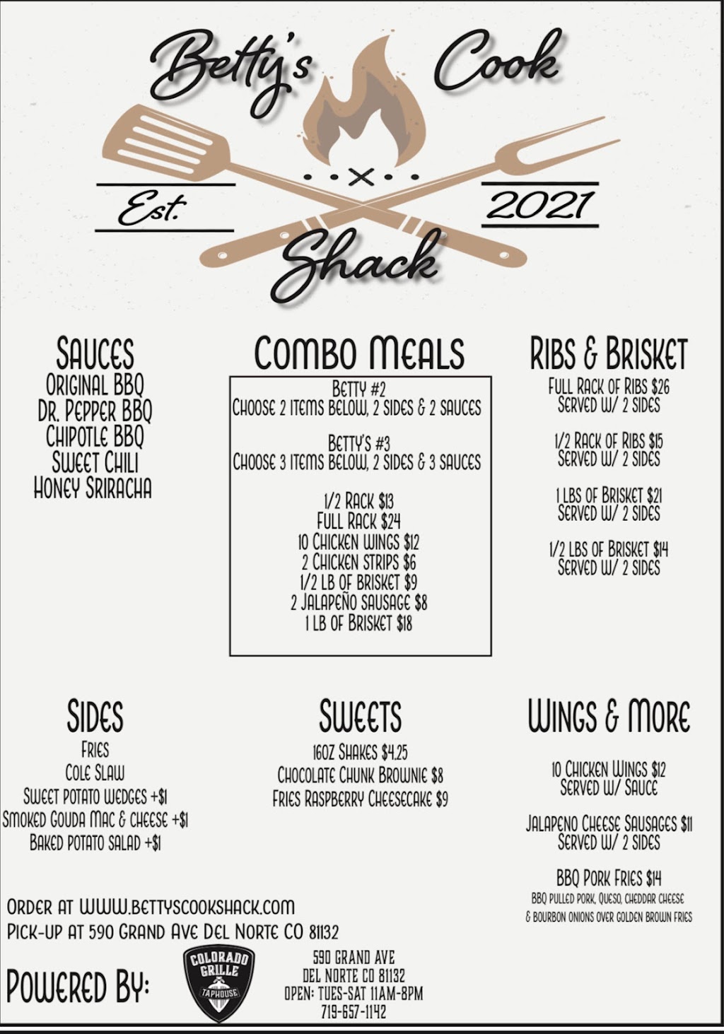 Bettys Cook Shack | restaurant | 590 Grand Ave, Del Norte, CO 81132, USA | 7196571142 OR +1 719-657-1142