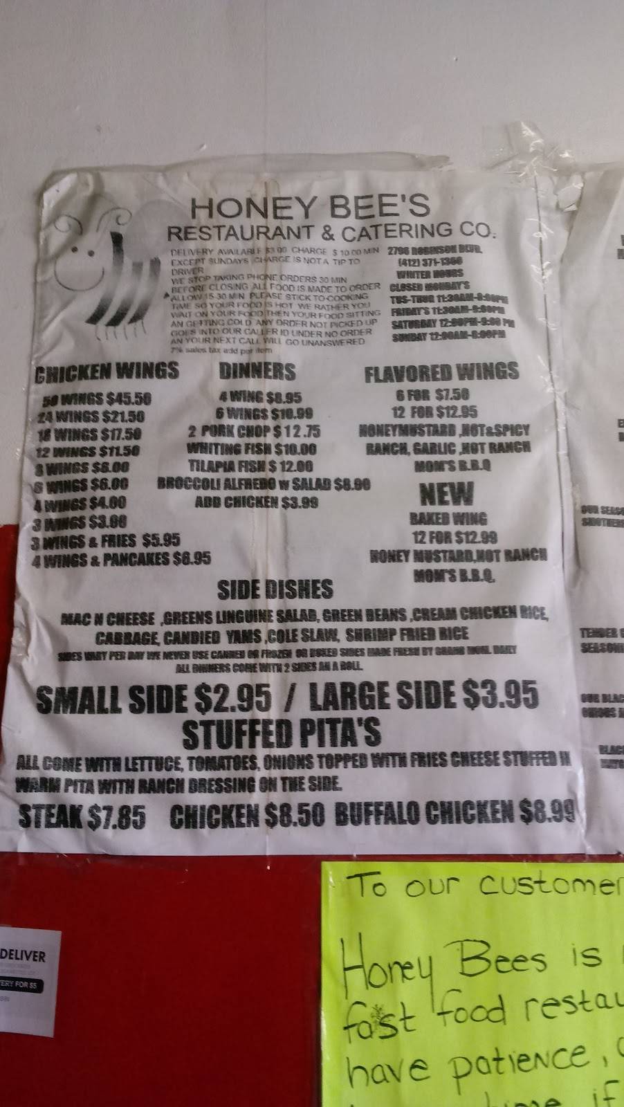 Honey Bees Restaurant & Catering | restaurant | 2796 Robinson Blvd, Penn Hills, PA 15235, USA | 4123711360 OR +1 412-371-1360