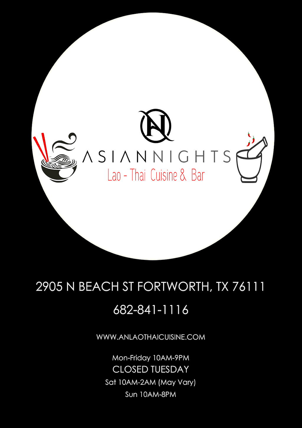 Asiannights Lao-Thai Cuisine & Bar | meal takeaway | 2905 N Beach St, Fort Worth, TX 76111, USA | 6822433226 OR +1 682-243-3226