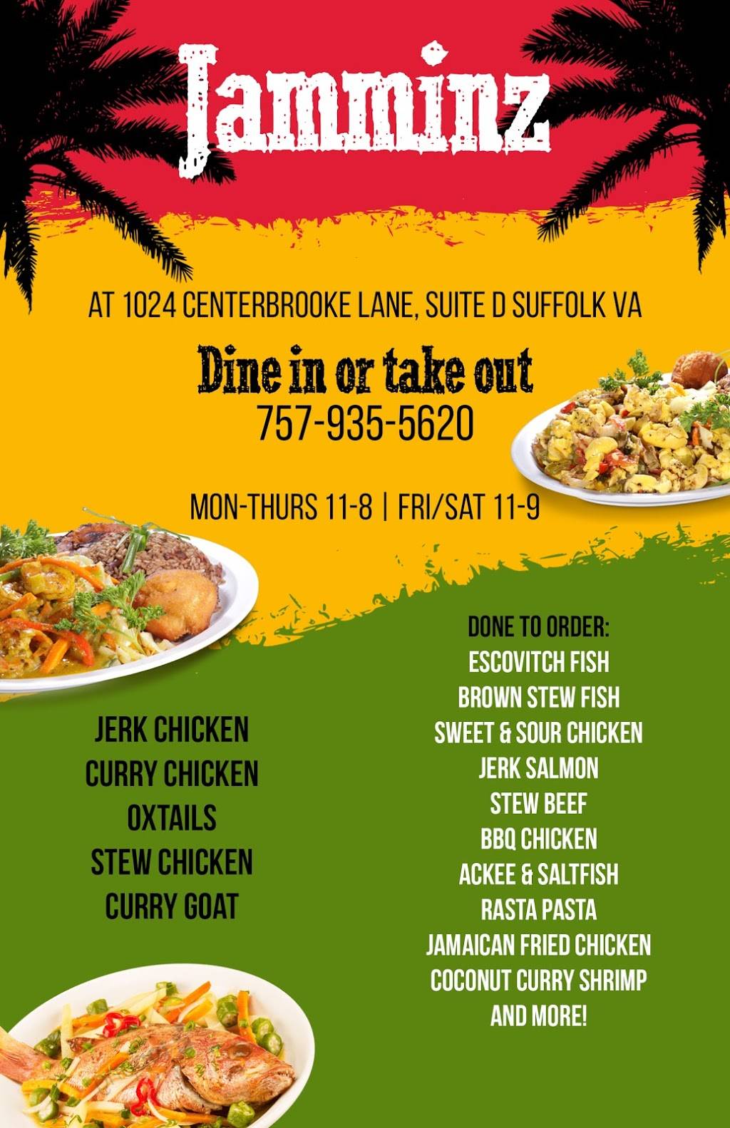 Jamminz | restaurant | 1024 Centerbrooke Ln D, Suffolk, VA 23434, USA | 7579355620 OR +1 757-935-5620