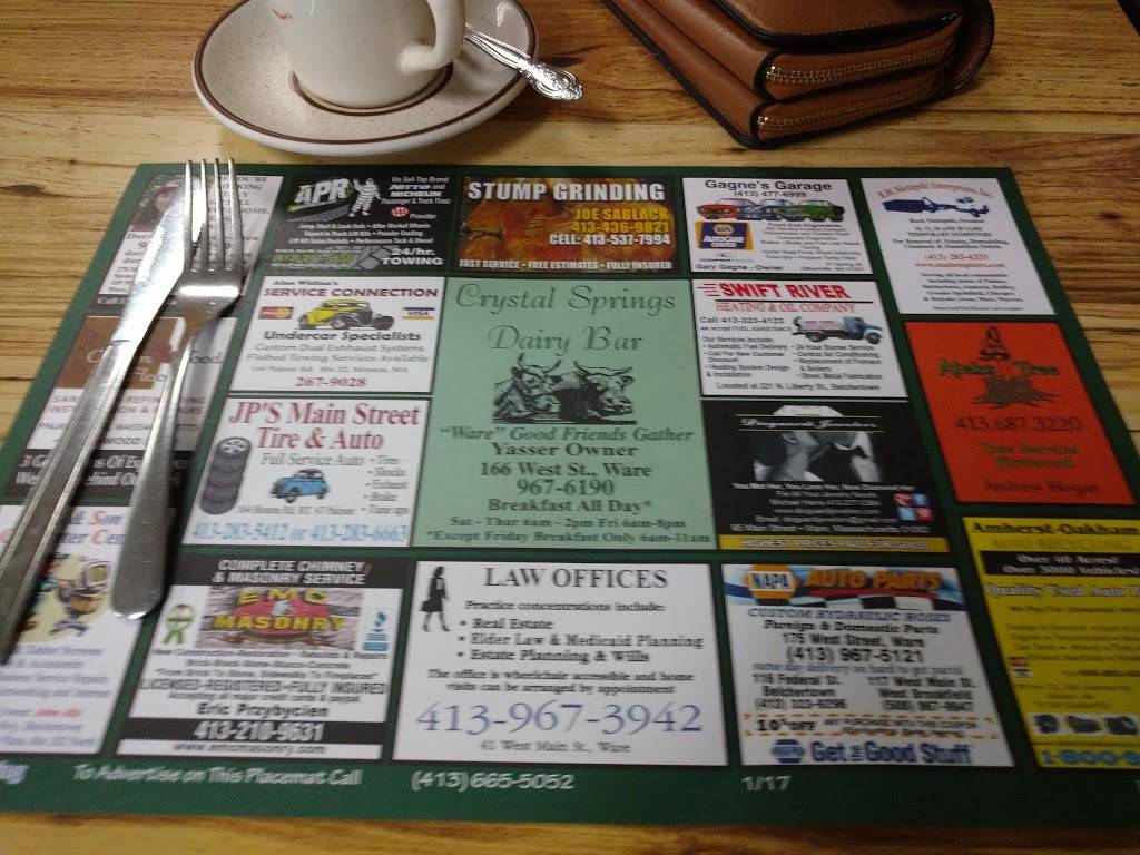 Crystal Springs Dairy Bar | restaurant | 166 West St, Ware, MA 01082, USA | 4139676190 OR +1 413-967-6190