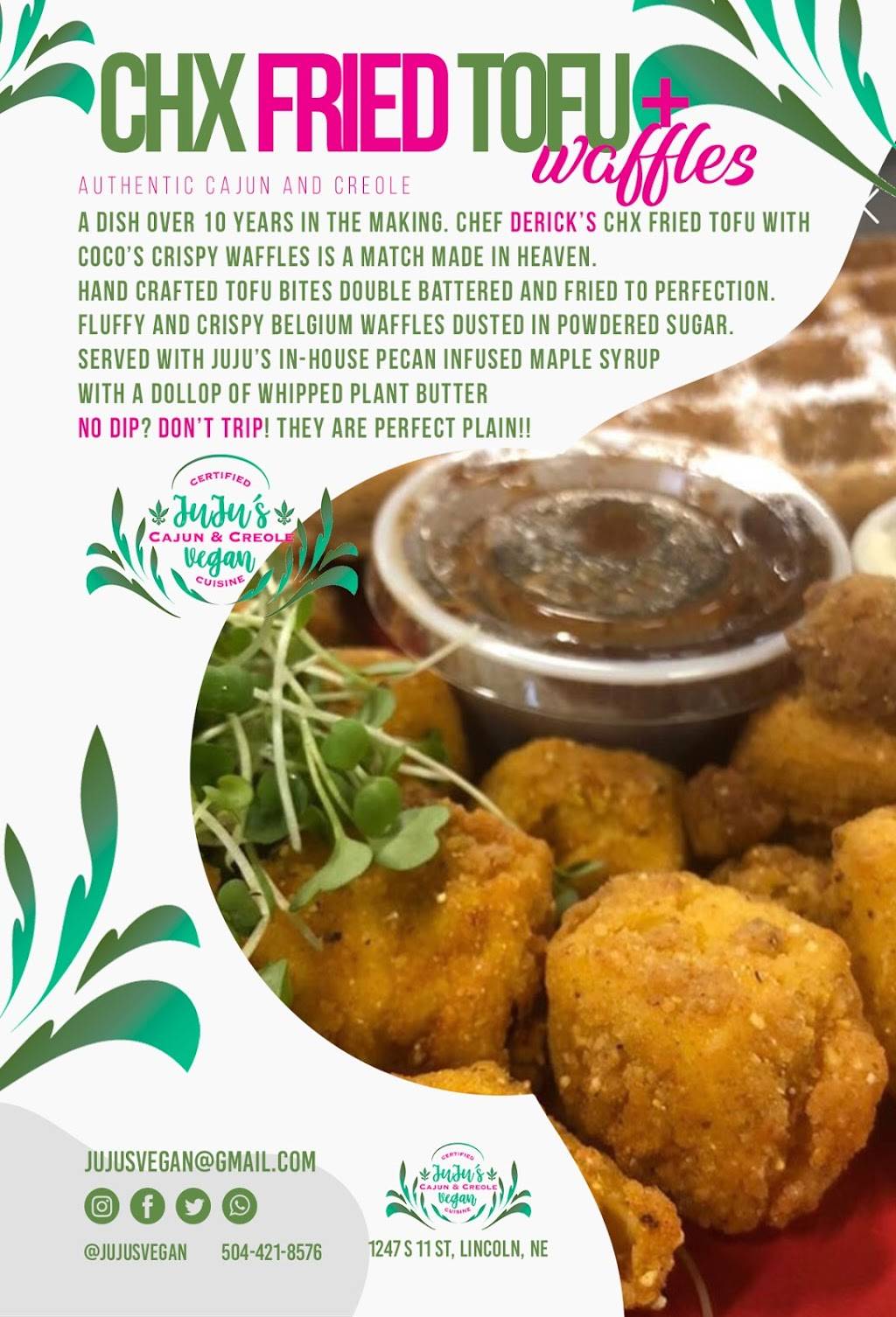 Jujus Vegan Cajun and Creole Cuisine | restaurant | 1247 S 11th St, Lincoln, NE 68502, USA | 5044218576 OR +1 504-421-8576