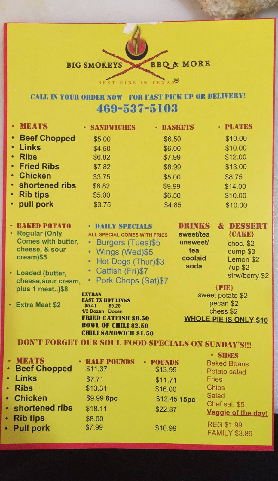 Big Smokeys & More | restaurant | 505 Wyatt St, Waxahachie, TX 75165, USA | 4695375103 OR +1 469-537-5103