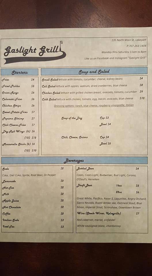 Gaslight Grill | restaurant | 135 N Main St, Lakeport, CA 95453, USA | 7072631404 OR +1 707-263-1404