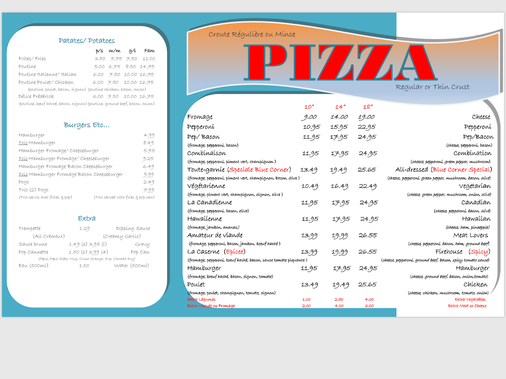 Blue Corner Pizza and Dairy Bar | restaurant | 3360 County Rd 17, LOrignal, ON K0B 1K0, Canada | 6136791313 OR +1 613-679-1313