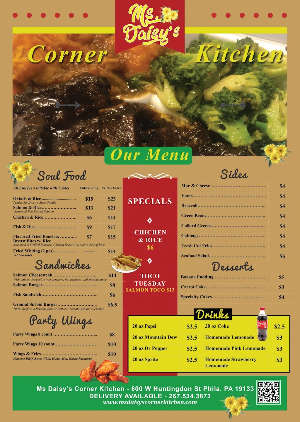 Ms Daisys Corner Kitchen | restaurant | 600 W Huntingdon St, Philadelphia, PA 19133, USA | 2675343873 OR +1 267-534-3873