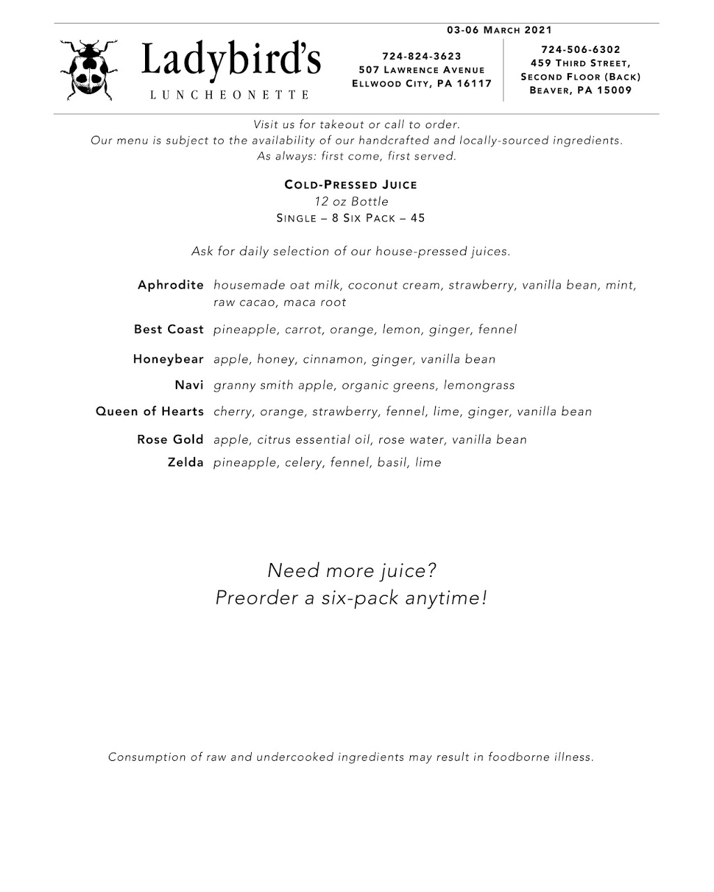 Ladybirds Luncheonette | restaurant | 459 3rd St Second Floor, Beaver, PA 15009, USA | 7245066302 OR +1 724-506-6302