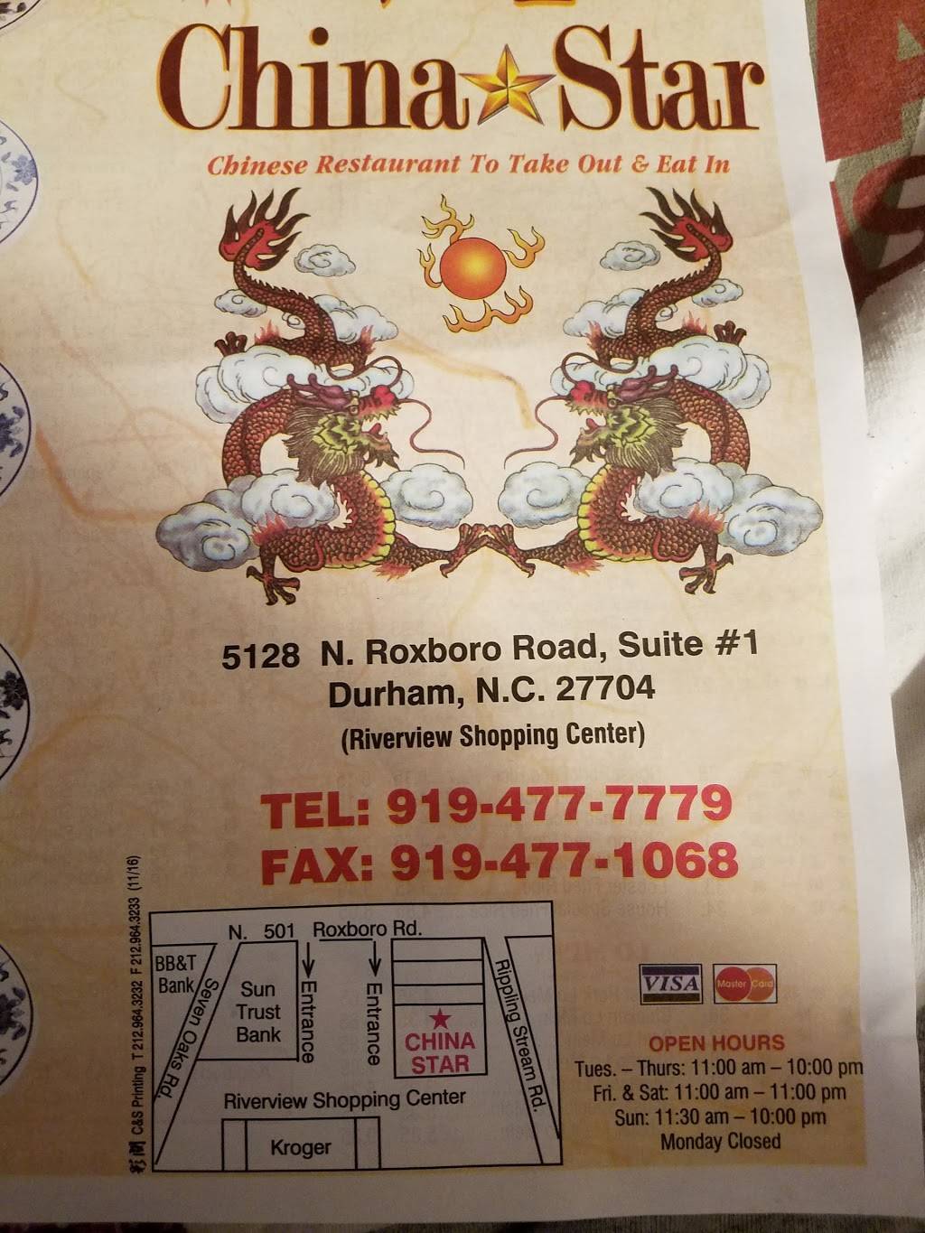 China Star | restaurant | 5128 N Roxboro St #1, Durham, NC 27704, USA | 9194771068 OR +1 919-477-1068
