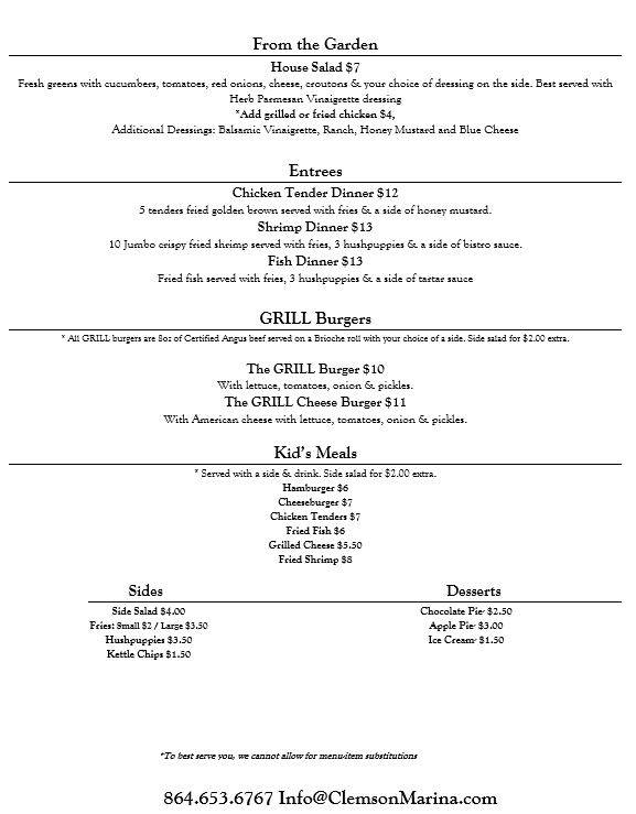 The Grill at Clemson Marina | restaurant | 150 Clemson Marina Dr, Seneca, SC 29678, USA | 8646536767 OR +1 864-653-6767