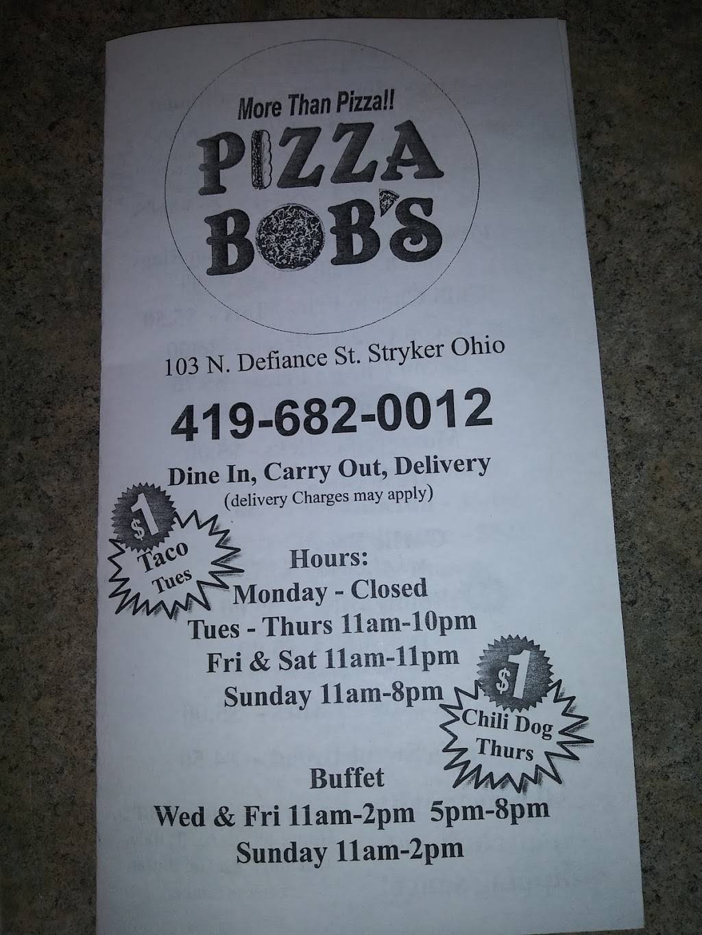 Pizza Bobs Stryker | restaurant | 103 N Defiance St, Stryker, OH 43557, USA | 4196820012 OR +1 419-682-0012