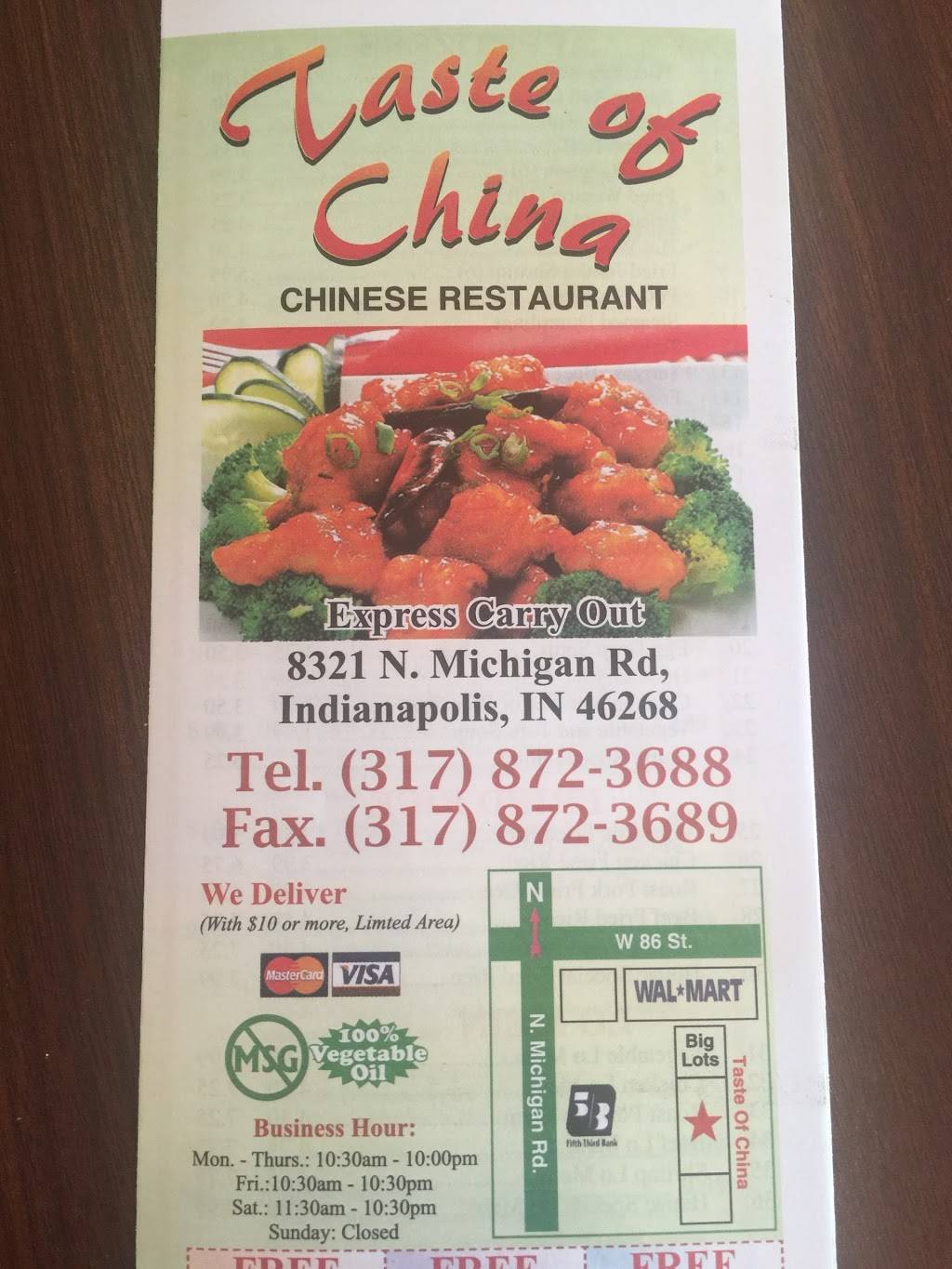 Taste of China | restaurant | 8321 N Michigan Rd, Indianapolis, IN 46268, USA | 3178723688 OR +1 317-872-3688