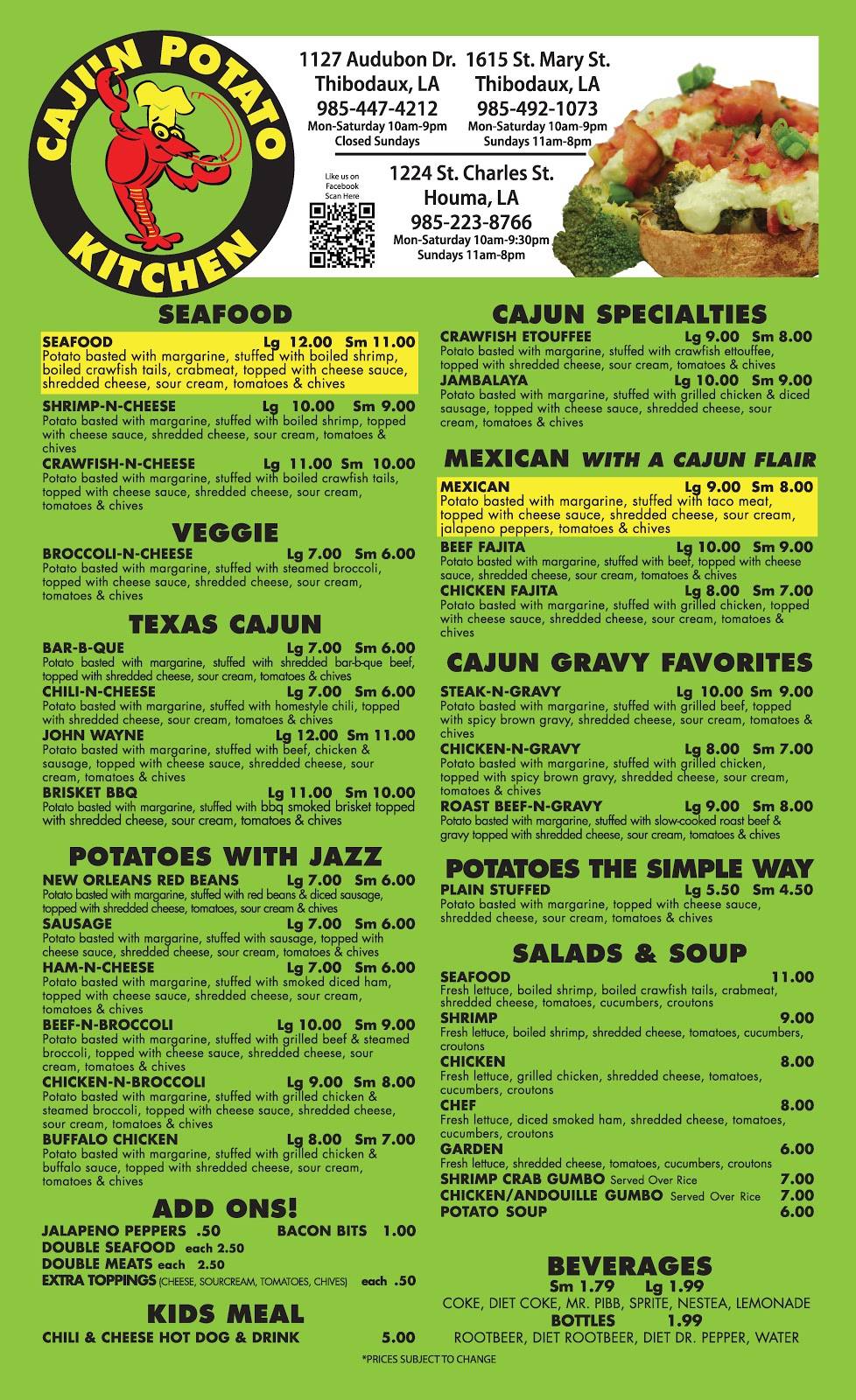 Cajun Potato Kitchen 3 | restaurant | 1615 St Mary St suite a, Thibodaux, LA 70301, USA | 9854921073 OR +1 985-492-1073