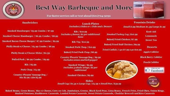 Best Way Barbeque | restaurant | 320 W Government St, Brandon, MS 39042, USA | 6017249092 OR +1 601-724-9092