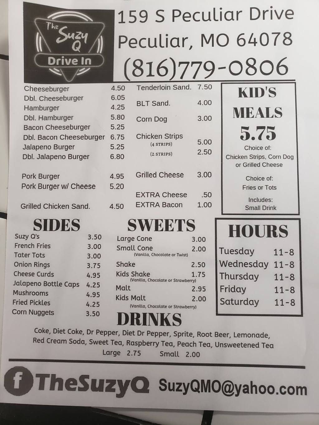 The Suzy Q | restaurant | 159 S Peculiar Dr, Peculiar, MO 64078, USA | 8167790806 OR +1 816-779-0806