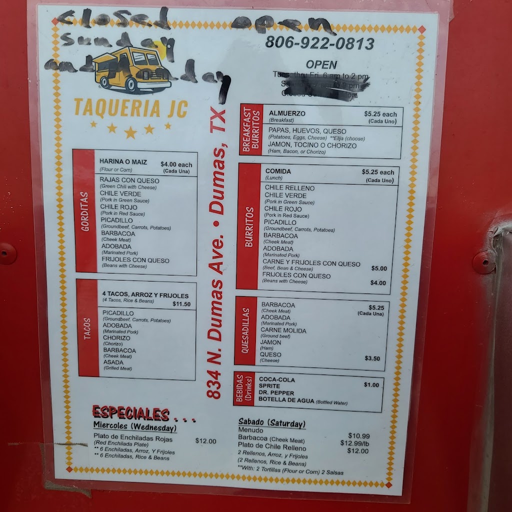Taqueria JC | restaurant | 828 N Dumas Ave, Dumas, TX 79029, USA | 8069220813 OR +1 806-922-0813