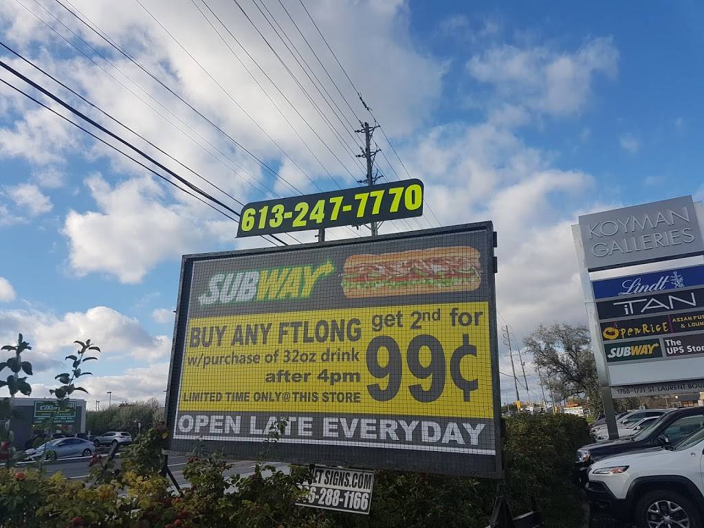 Subway | meal takeaway | 1767 St Laurent Blvd, Ottawa, ON K1G 3V4, Canada | 6132477770 OR +1 613-247-7770
