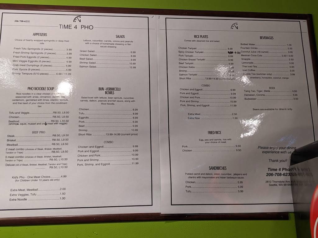Time 4 Pho | restaurant | 2812 Thorndyke Ave W, Seattle, WA 98199, USA | 2067086232 OR +1 206-708-6232