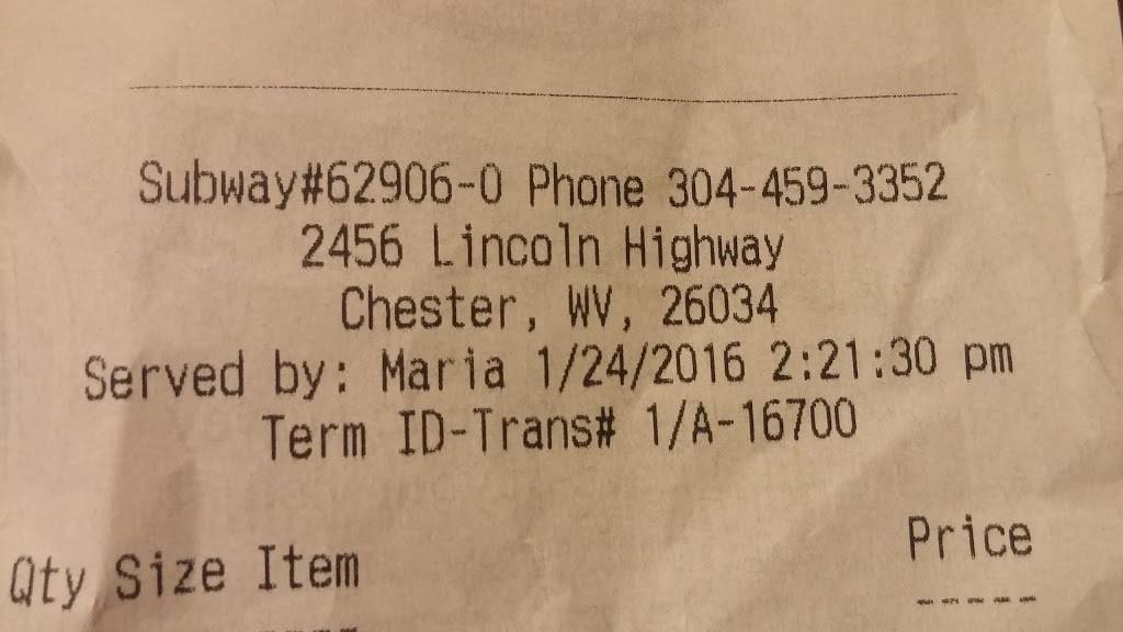Subway | restaurant | 2456 Lincoln Hwy, Chester, WV 26034, USA | 3044593352 OR +1 304-459-3352