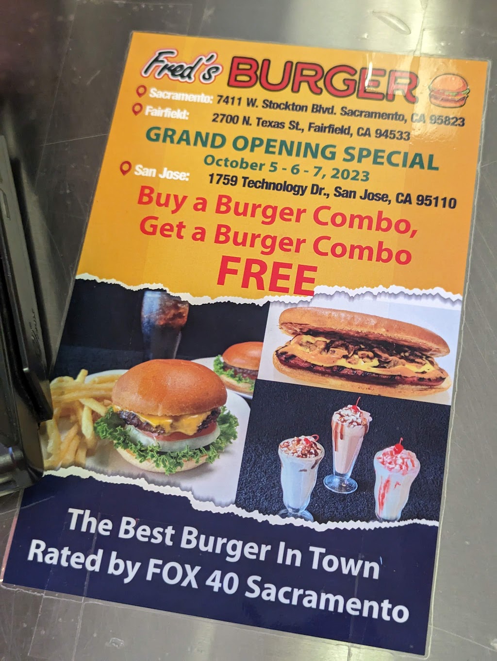 Freds Burger | restaurant | 1759 Technology Dr, San Jose, CA 95110, USA | 4084364884 OR +1 408-436-4884