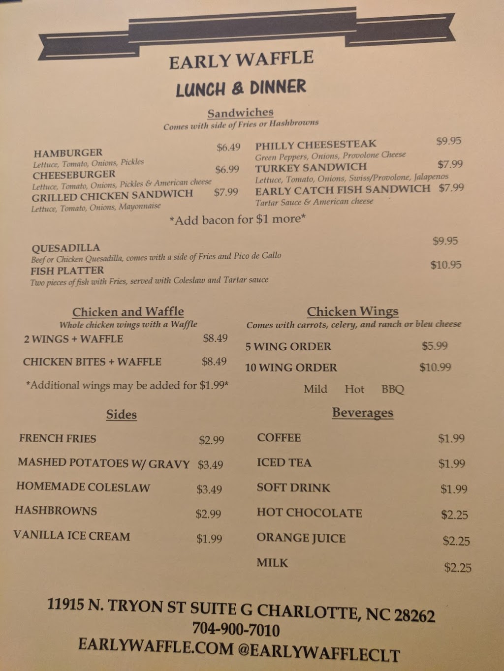 Early Waffle | restaurant | 11915 N Tryon St Suite G, Charlotte, NC 28262, USA | 7049007010 OR +1 704-900-7010