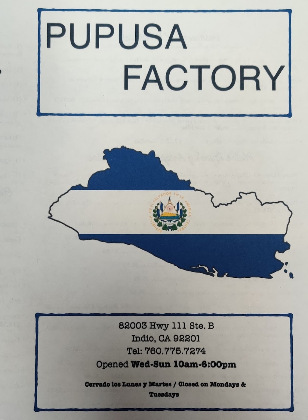 Pupusa Factory | restaurant | 82005B CA-111, Indio, CA 92201, USA | 7607757274 OR +1 760-775-7274
