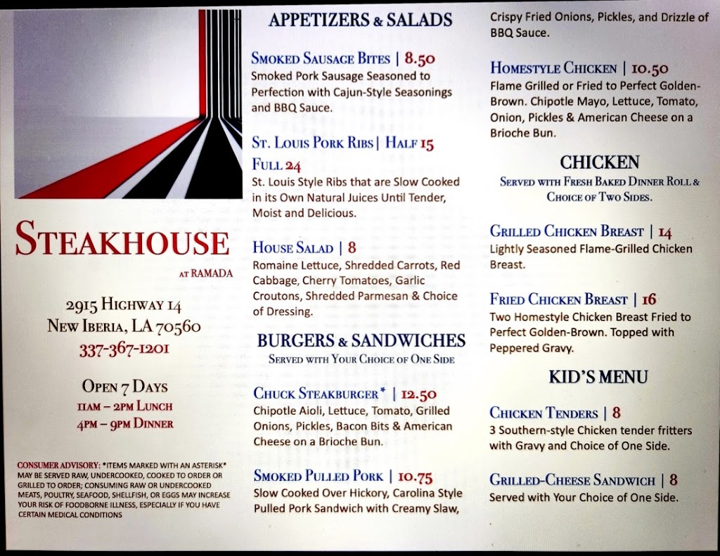 Steakhouse at Ramada | restaurant | 2915 LA-14, New Iberia, LA 70560, USA | 3373671201 OR +1 337-367-1201