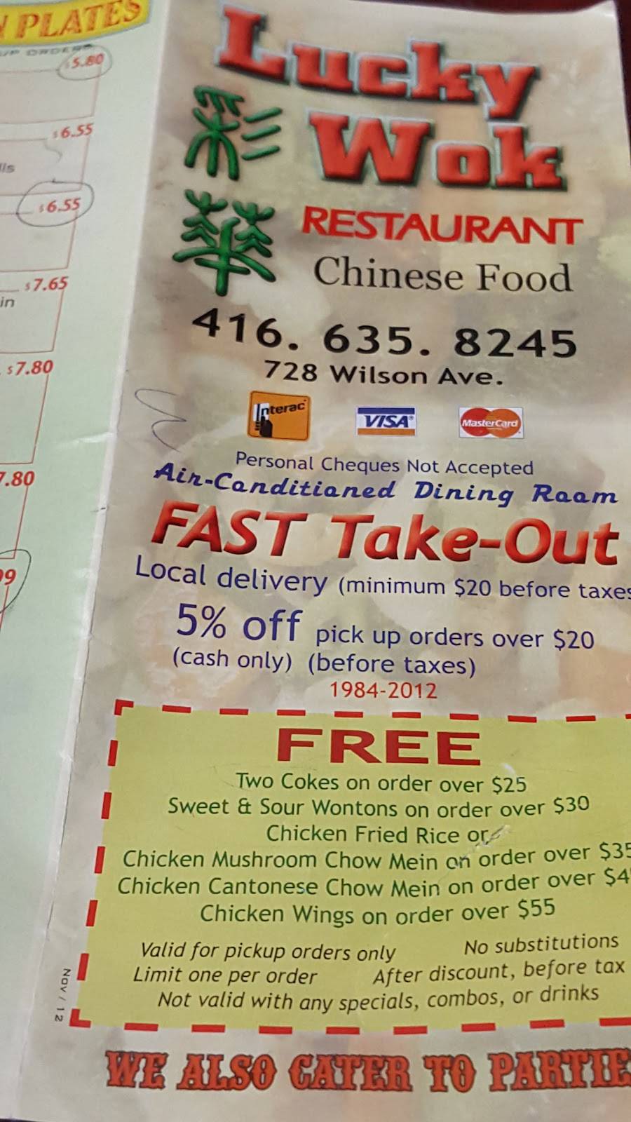 Lucky Wok Restaurants | meal delivery | 728 Wilson Ave, North York, ON M3K 1E2, Canada | 4166358245 OR +1 416-635-8245