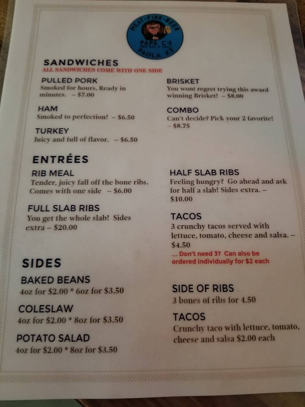 Papa Cs BBQ Bar & Grill | restaurant | 807 S Silver St, Paola, KS 66071, USA | 9135570155 OR +1 913-557-0155