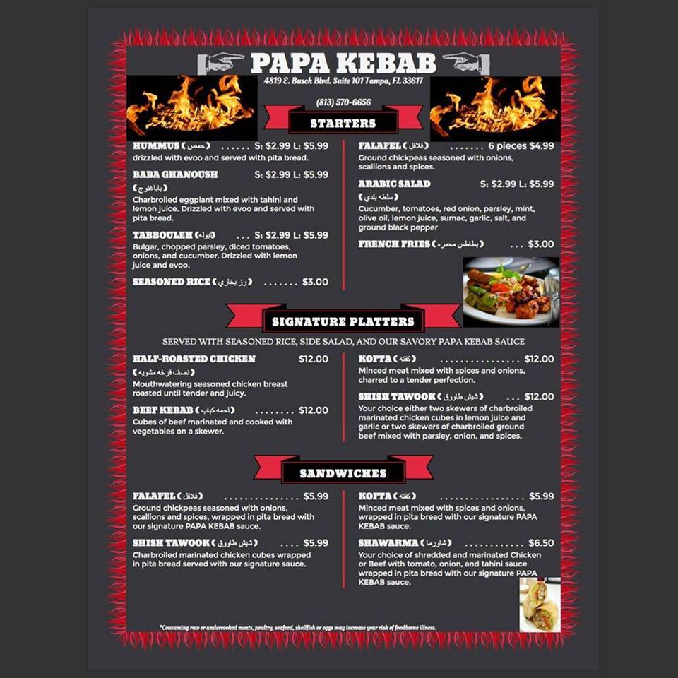Papa Kebab | restaurant | 4819 E Busch Blvd Suite 101, Tampa, FL 33617, USA | 8135706656 OR +1 813-570-6656