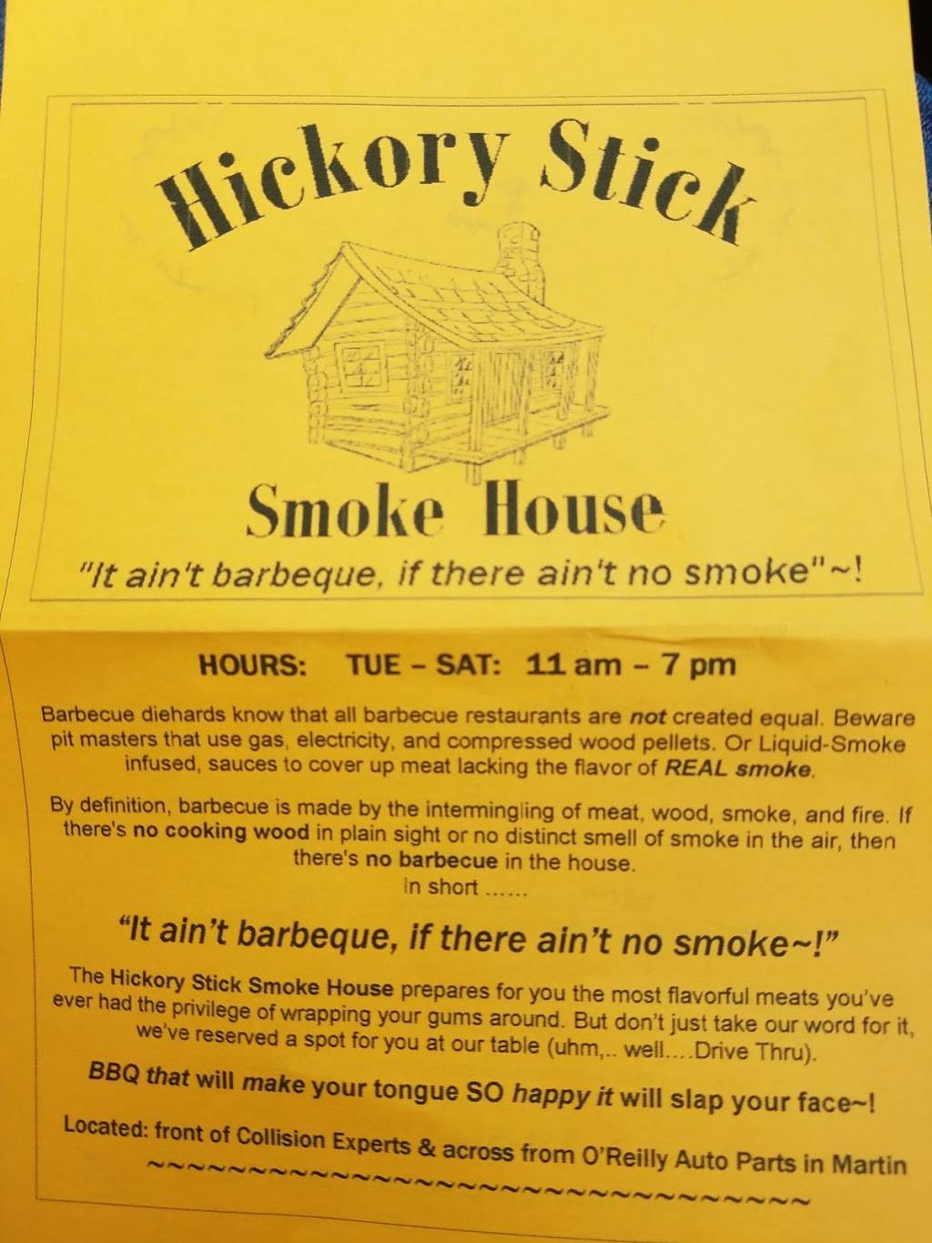 Hickory Stick Smoke House | restaurant | A092073 04502 00003073, Martin, TN 38237, USA | 7315145215 OR +1 731-514-5215