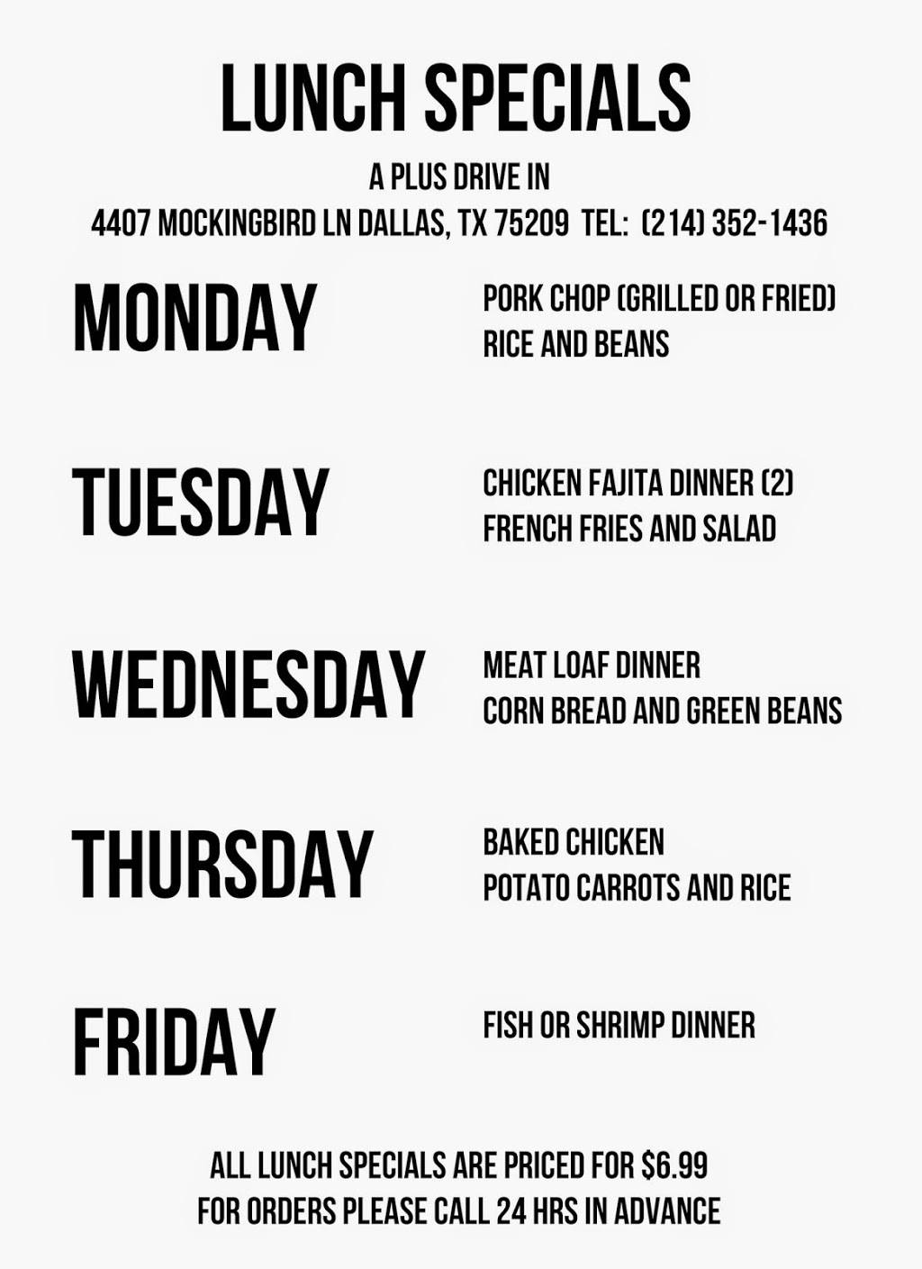 A Plus Drive In Hamburger and BBQ | restaurant | 4407 W Mockingbird Ln, Dallas, TX 75209, USA | 2143521436 OR +1 214-352-1436