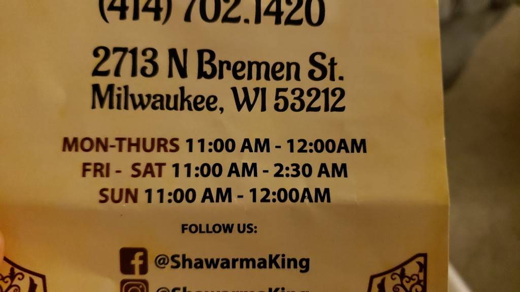 Shawarma king | restaurant | 2713 N Bremen St, Milwaukee, WI 53212, USA | 4147021420 OR +1 414-702-1420