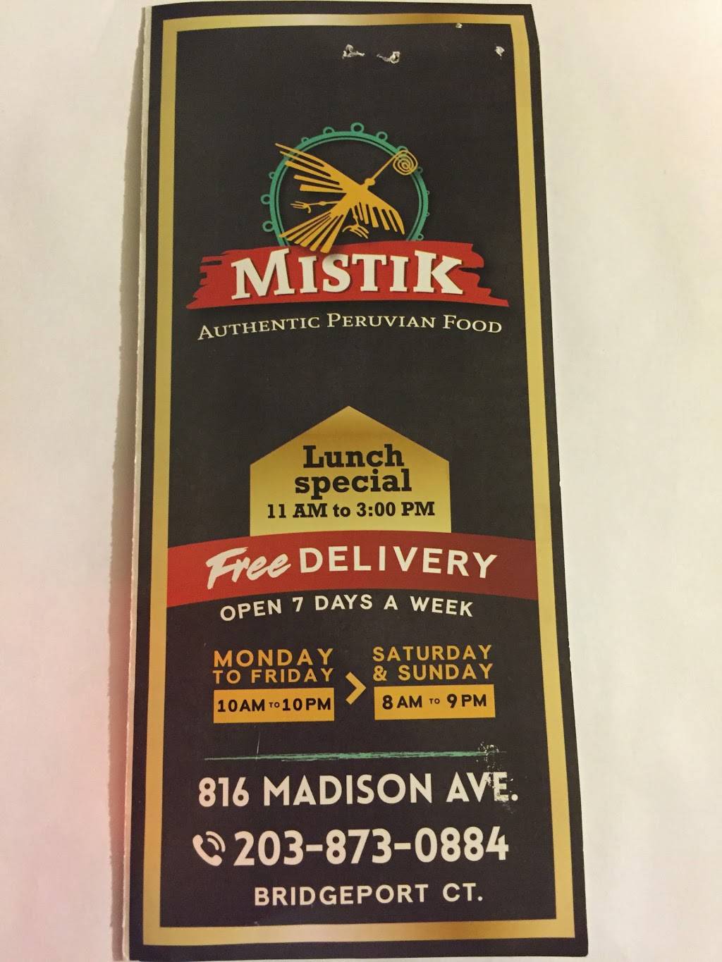 Mistik Authentic Peruvian Food | restaurant | 816 Madison Ave, Bridgeport, CT 06606, USA | 2038730884 OR +1 203-873-0884