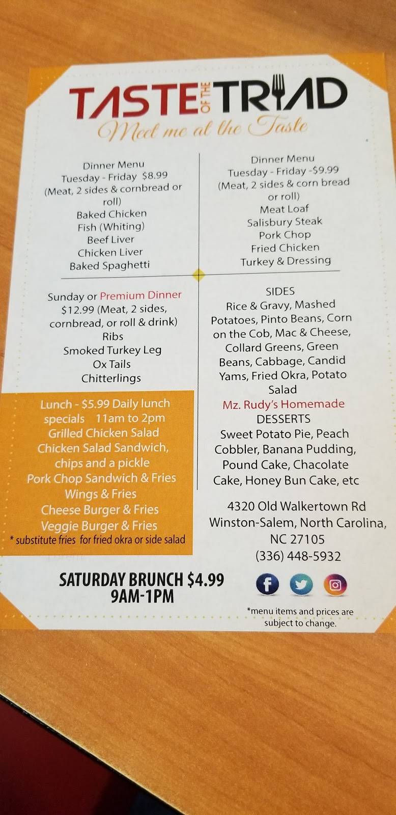 Taste of the Triad | restaurant | 4320 Old Walkertown Rd, Winston-Salem, NC 27105, USA | 3364485932 OR +1 336-448-5932