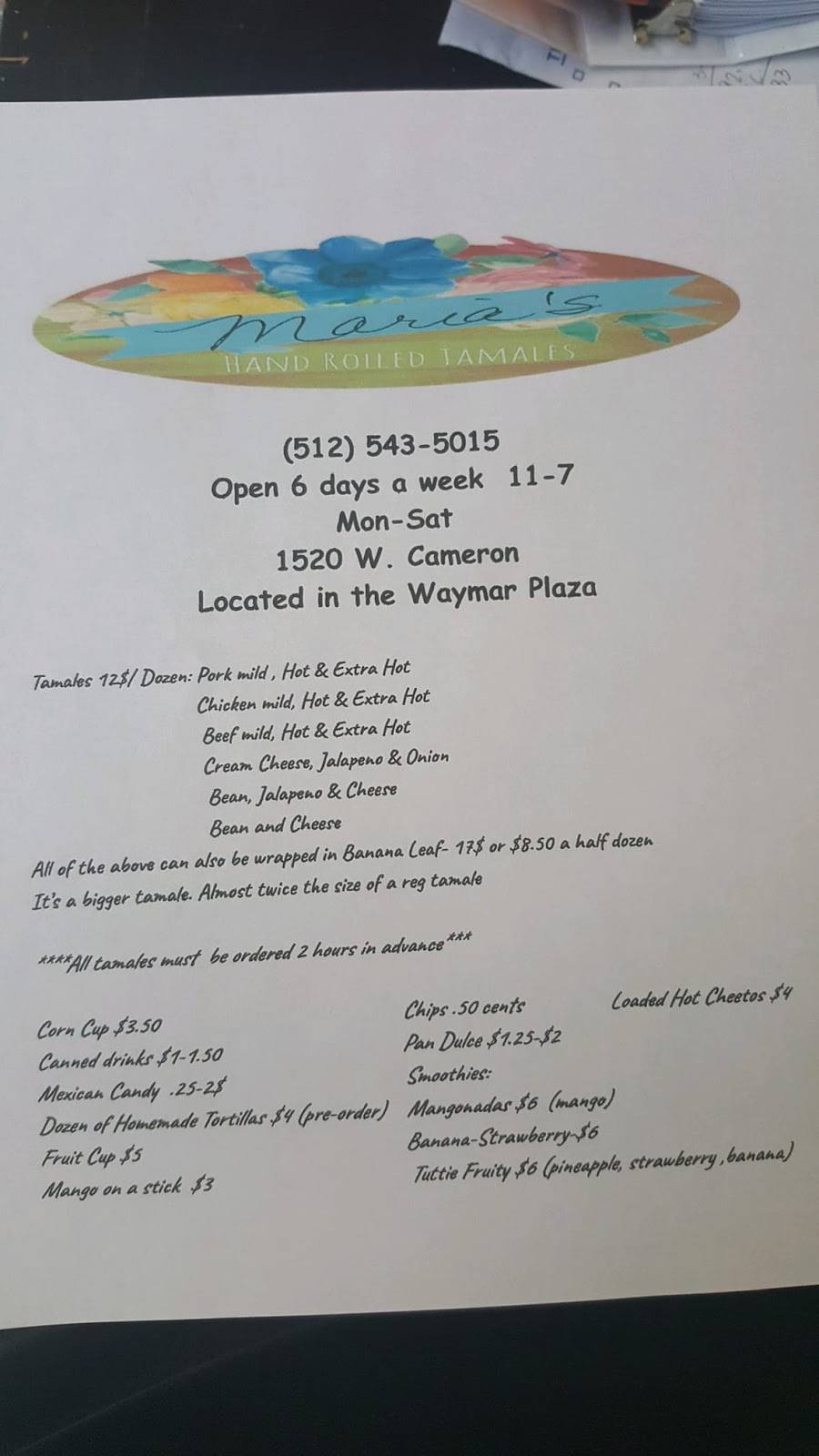 Marias Tamales | restaurant | 1520 W Cameron Ave, Rockdale, TX 76567, USA | 5125435015 OR +1 512-543-5015