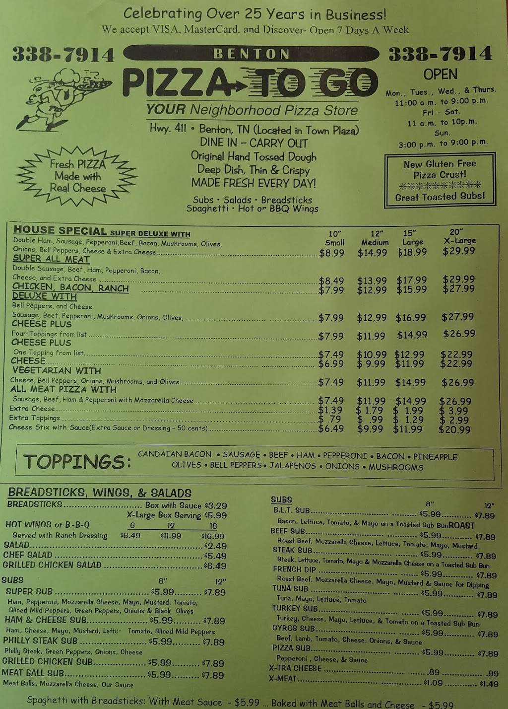 Pizza To Go | restaurant | 6176 US-411, Benton, TN 37307, USA | 4233387914 OR +1 423-338-7914