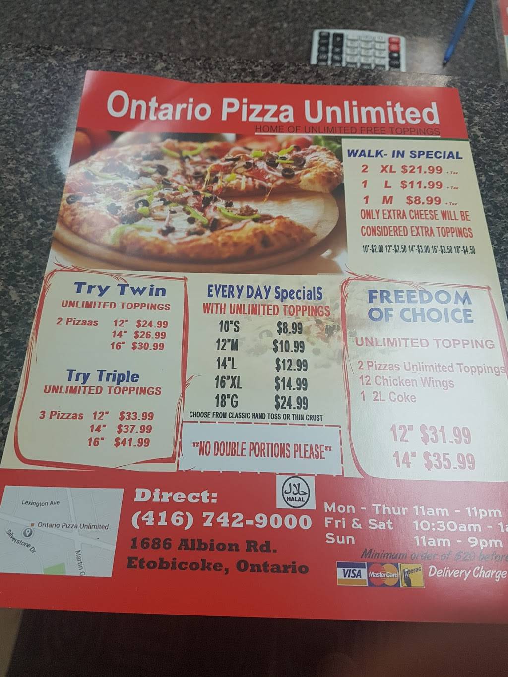 Ontario Pizza Unlimited | meal delivery | 1686 Albion Rd, Etobicoke, ON M9V 1B8, Canada | 4167429000 OR +1 416-742-9000