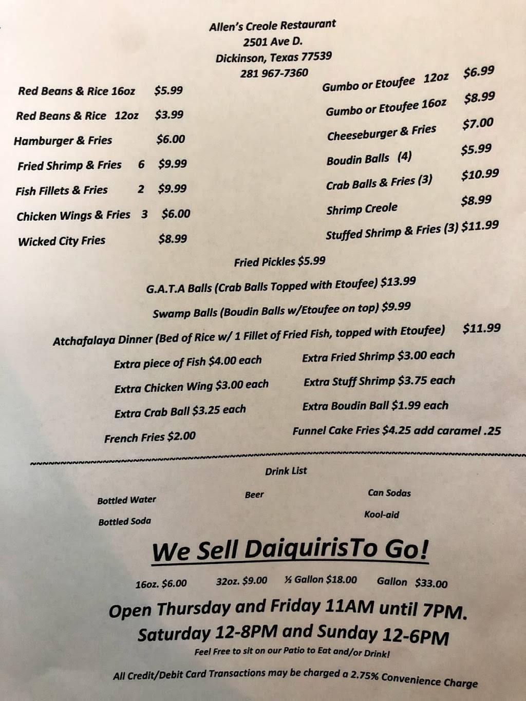 Allen’s Creole Drive Thru | restaurant | 2501 Avenue D, Dickinson, TX 77539, USA | 2819677360 OR +1 281-967-7360