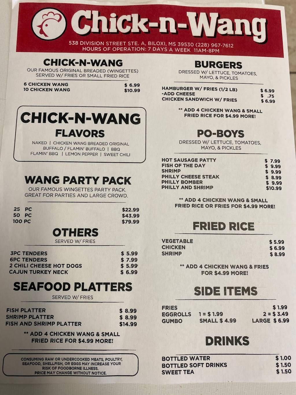 Chick-n-Wang | restaurant | 538 Division St, Biloxi, MS 39530, USA | 2289677612 OR +1 228-967-7612