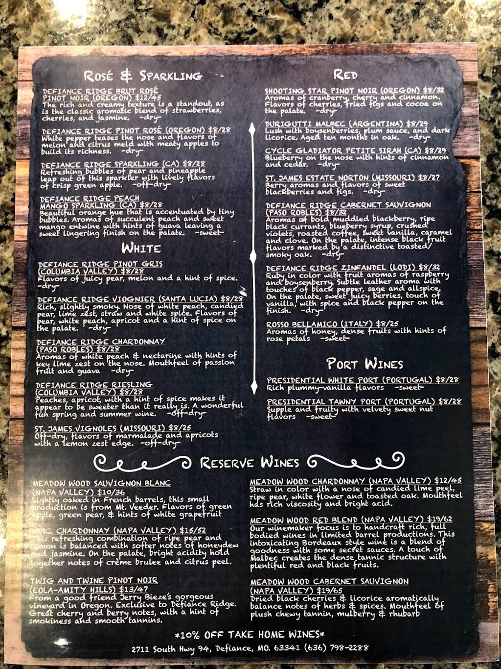 Defiance Ridge Vineyards | restaurant | 2711 S Missouri 94, Defiance, MO 63341, USA | 6367982288 OR +1 636-798-2288