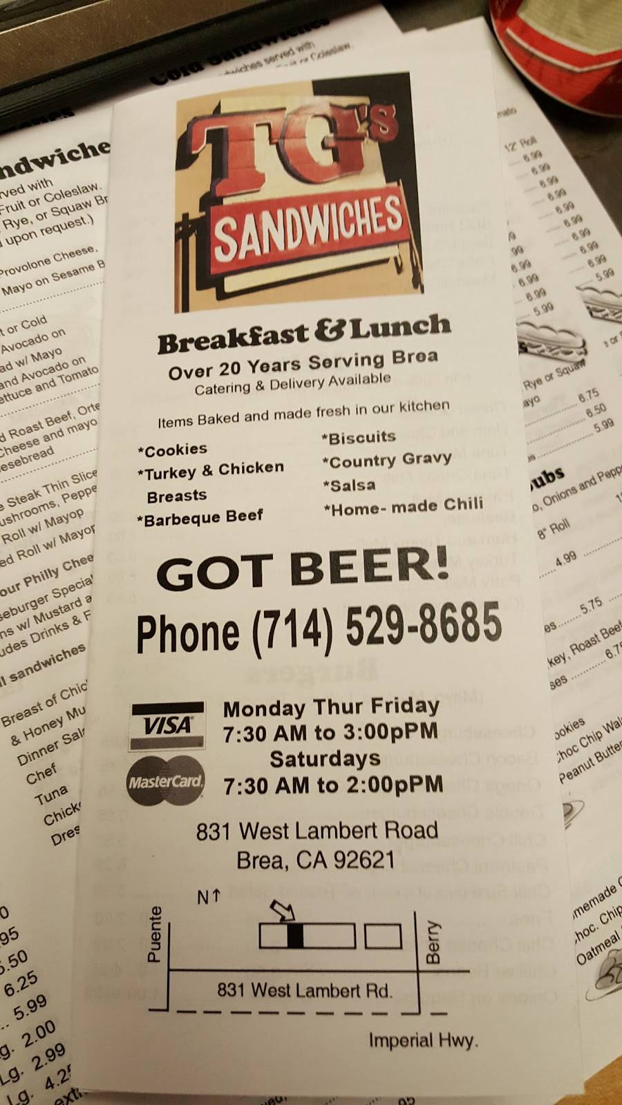 T Gs Sandwich | restaurant | 831 W Lambert Rd, Brea, CA 92821, USA | 7145298685 OR +1 714-529-8685