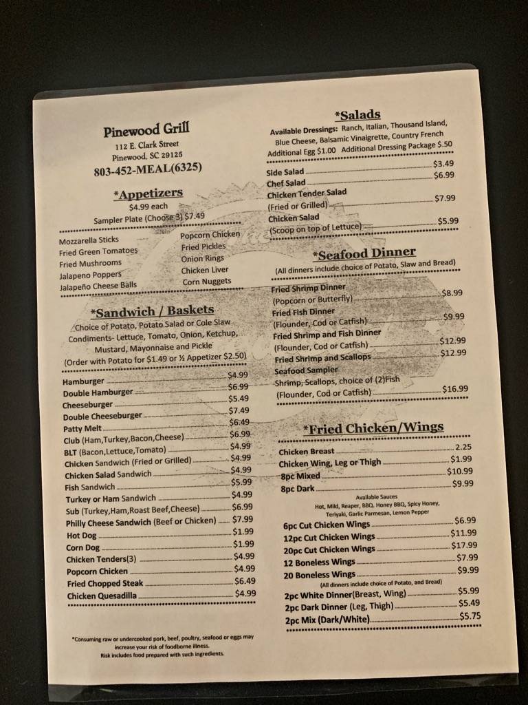 The Pinewood Grill | restaurant | 112 E Clark St, Pinewood, SC 29125, USA | 8034526325 OR +1 803-452-6325