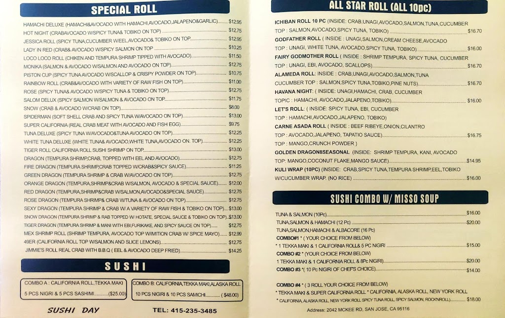 Sushi Day | restaurant | 2044 McKee Rd, San Jose, CA 95116, USA | 4152353485 OR +1 415-235-3485