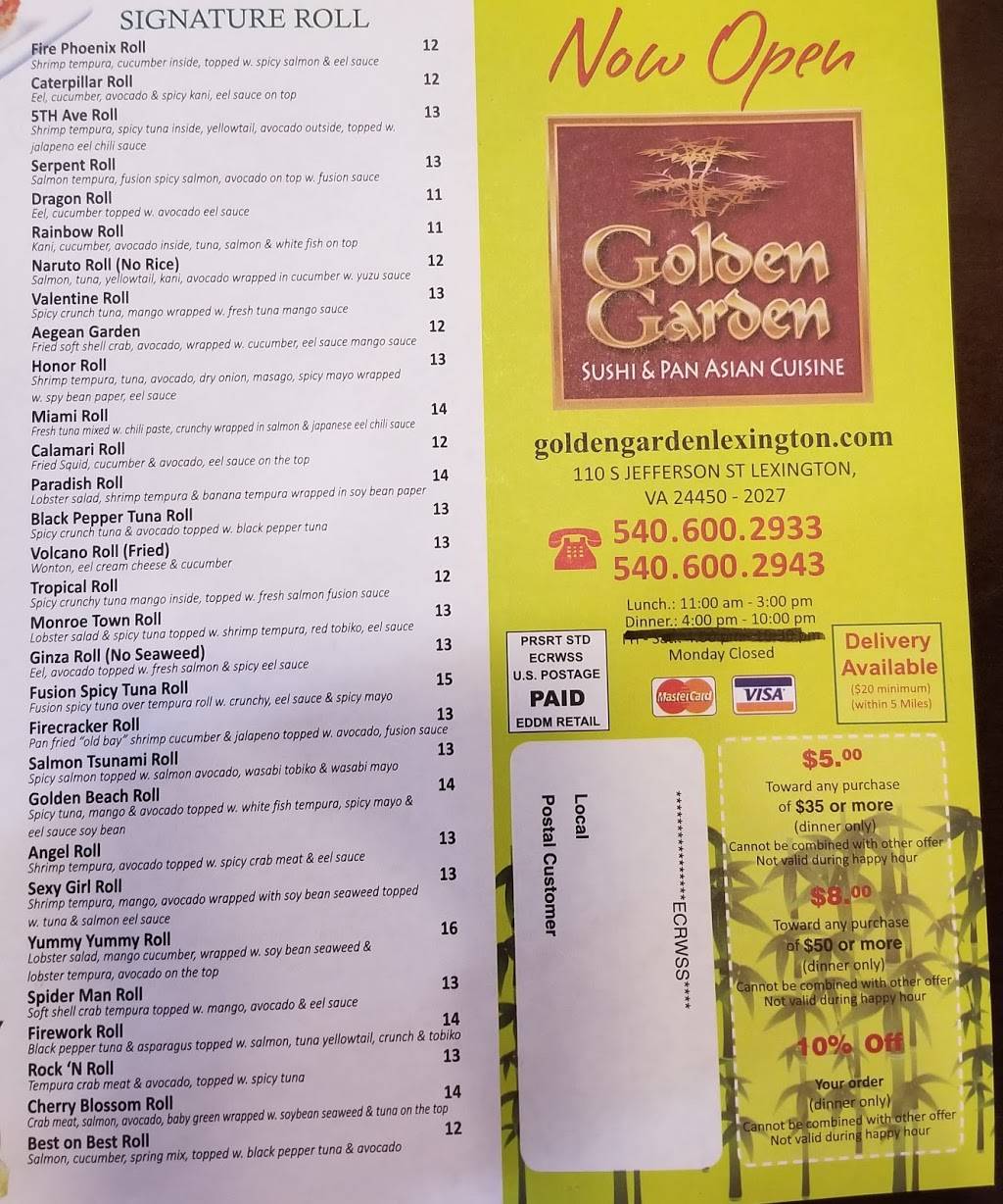 Golden Garden Asian Restaurant | restaurant | 110 S Jefferson St, Lexington, VA 24450, USA | 5406002933 OR +1 540-600-2933